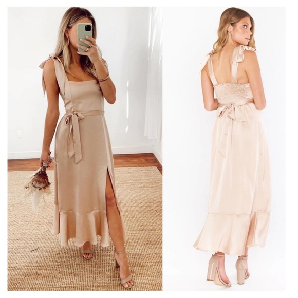 Show Me Your MuMu Dresses & Skirts - Show Me Your MuMu Claire Midi Dress, Champagne Luxe Satin, NWT Flaw Bridesmaid